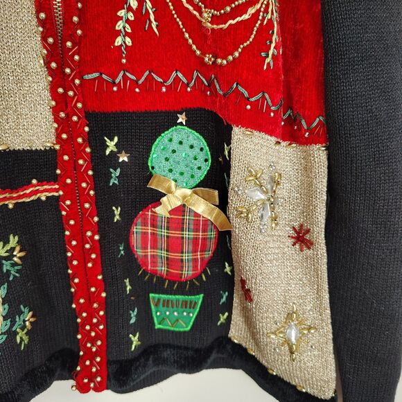 Christmas Cardigan Sweater Patchwork Cardinals Beaded Embellished Holiday PXL - Picture 9 of 11